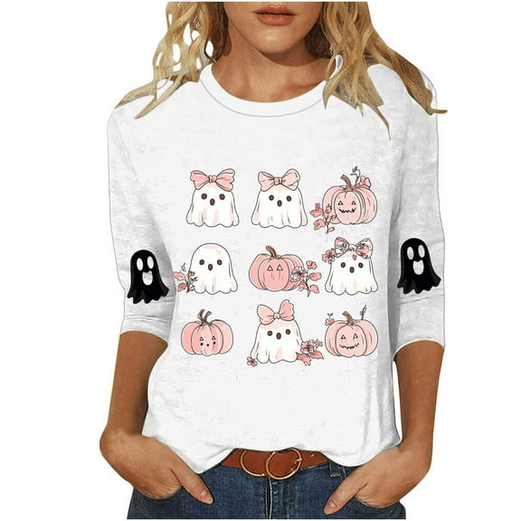 Women's Funny Halloween T-shirts 3/4 Sleeve Round Neck Ghost Graphic Printed Casual Tees Holiday Tops Plus Size (XL, White 01)