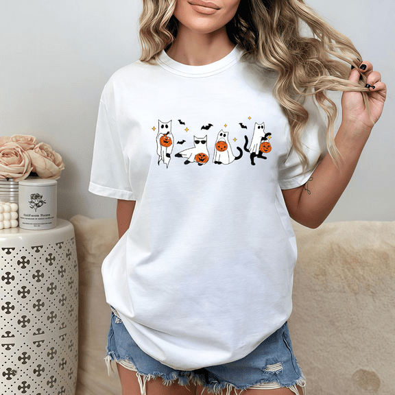 Women's Funny Halloween graphics T-Shirt - The design of playful ghost cat jack-o-lantern,Pattern printing,Halloween costume,Causal,cotton,white,S-5XL