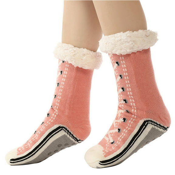 Women's Funny Lace Up Shoe Pattern Fuzzy Slipper Socks Winter Warm Fleece Lined Nonslip Grippers Thermal Floor Socks