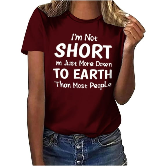 Women's Funny Letter Print Tees Comfy Casual Shirts Fashion 2024 Round Neck Blouse Y2K Tops Dressy Casual Short Sleeve Tunic Tops Loose Fit Flowy Summer Clothes for Teen Girls Vintage Wine T Shirts M
