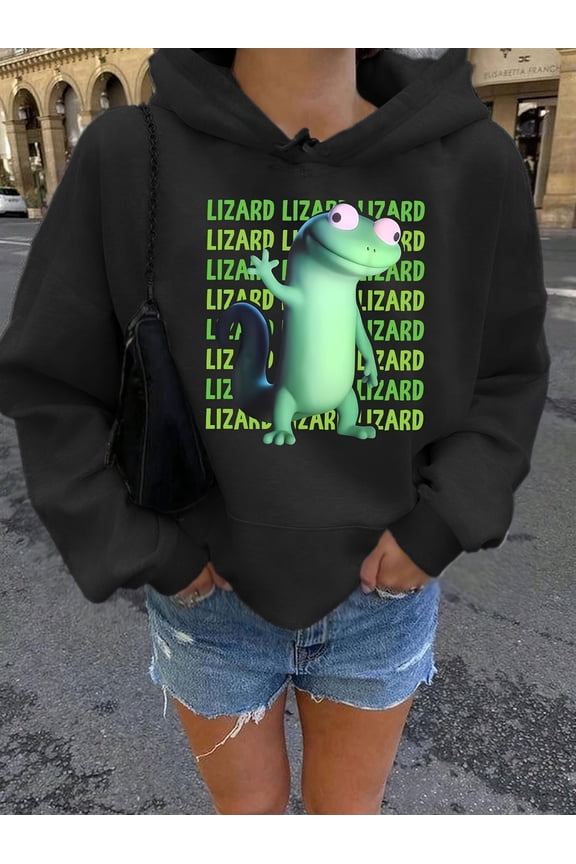 Women's Funny Lizard Meme Hoodie - Viral Sweatshirt with LIZARD LIZARD Text & Green Lizard Graphic, Grey Pullover Hooded Sweater for Fall/Winter, Cozy Casual Outfits & Internet Meme Apparel, Comforta