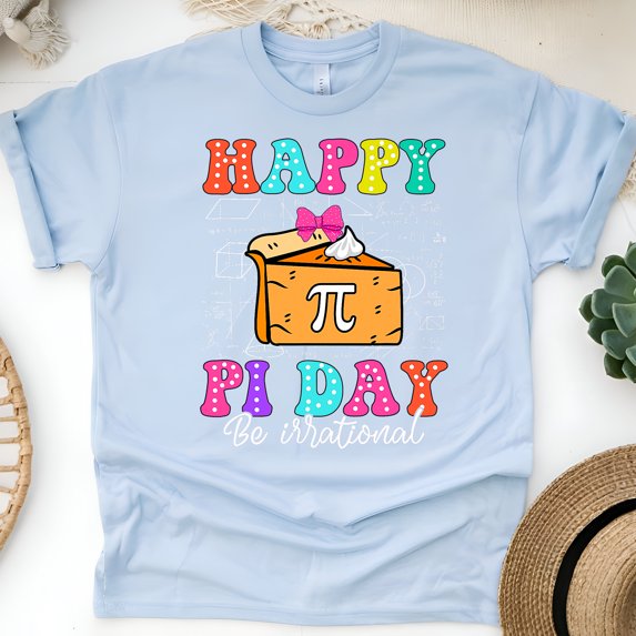 Women's Funny Math Graphic Tee, Happy Pi Day Shirt with Pie Slice Design, Light Blue, Size L
