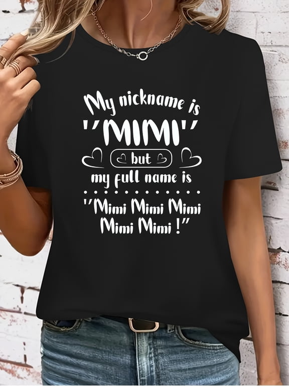 Women's Funny Mimi Nickname Graphic T-Shirt Casual Short Sleeve Crewneck Top for Mimi Grandma Gift Retro Black Tee