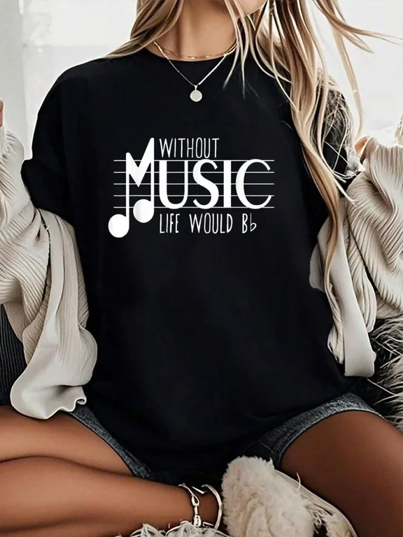 Women's Funny Music Note Graphic Short Sleeve T-Shirt