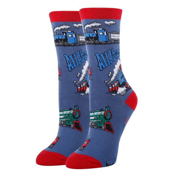 Women's Funny Novelty Crew Socks, Crazy Fun Silly Cotton Dress Socks Gift, All Aboard, Size 5-9