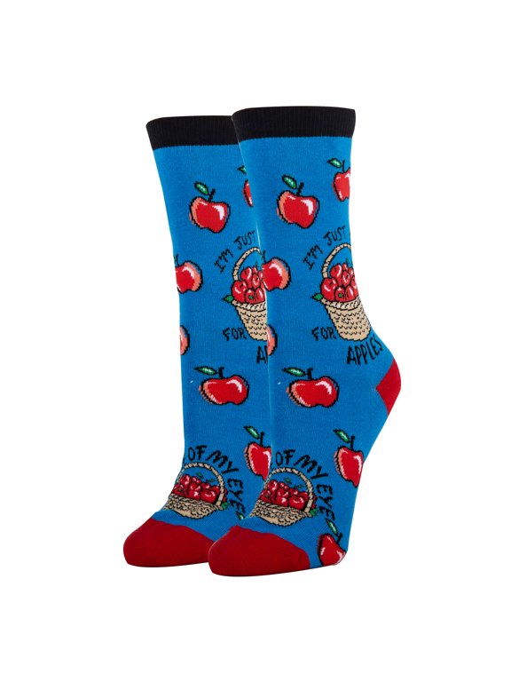 Women's Funny Novelty Crew Socks, Crazy Fun Silly Cotton Dress Socks Gift, Apple of my Eye, Size 5-9