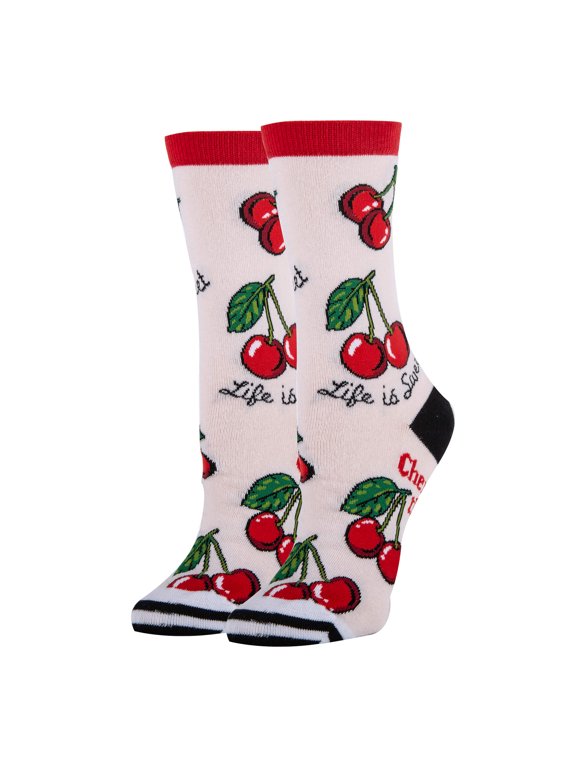Women's Funny Novelty Crew Socks, Crazy Fun Silly Cotton Dress Socks Gift, Cherries, Size 5-9
