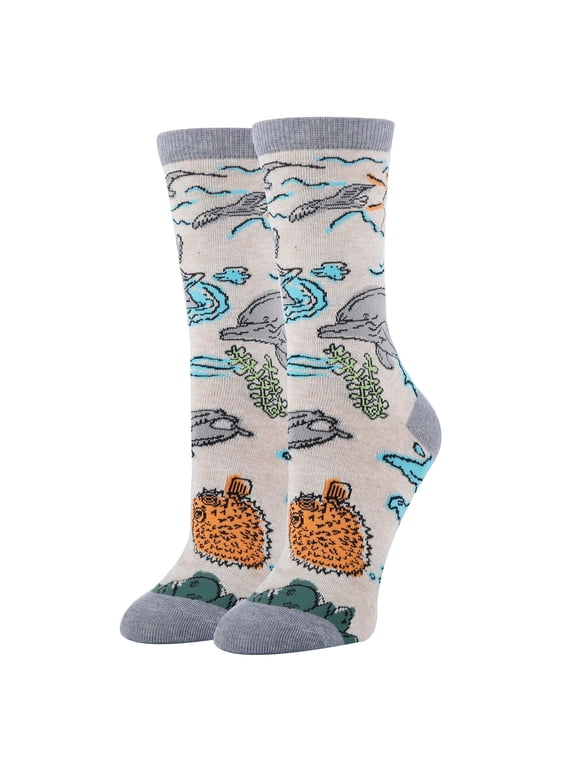 Women's Funny Novelty Crew Socks, Crazy Fun Silly Cotton Dress Socks Gift, Dolphin View, Size 5-9