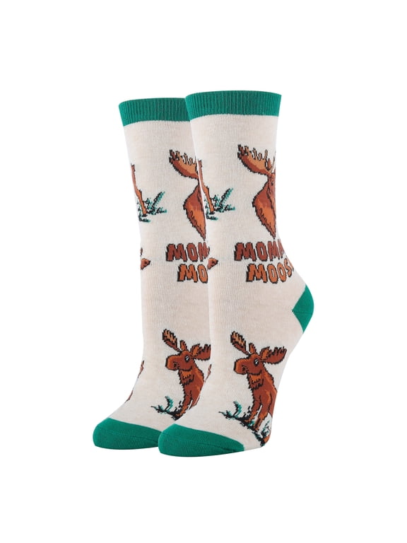 Women's Funny Novelty Crew Socks, Crazy Fun Silly Cotton Dress Socks Gift, Mommy Moose, Size 5-9