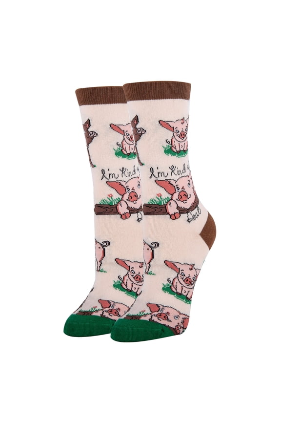 Women's Funny Novelty Crew Socks, Crazy Fun Silly Cotton Dress Socks Gift, Pig Deal, Size 5-9