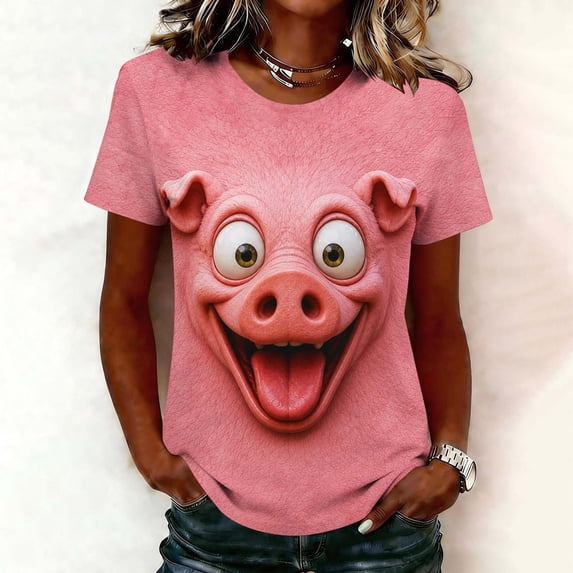 Women's Funny Pig 3D Graphic T-Shirts Novelty Animal Face Print Summer Tops Casual Short Sleeve Crewneck Tees Comfortable Relaxed Fit Shirts Basic Daily