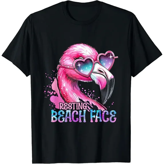 Women's Funny Pink Flamingo Resting Beach Face T-Shirt