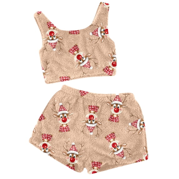 Women's Christmas Pajama Set Casual Two Piece Outfit Solid Color Tank Top with Shorts Homewear Sleepwear