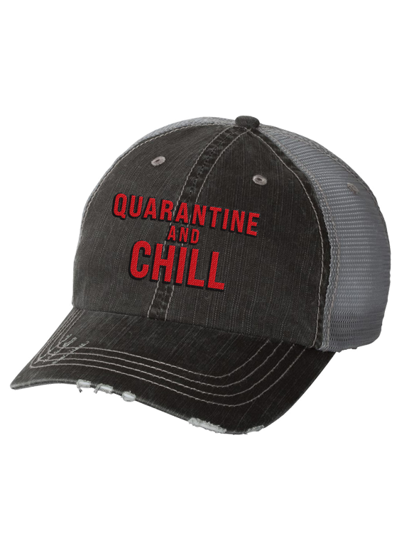 Women's Funny Quarantine and Chill Distressed Baseball Cap, Black