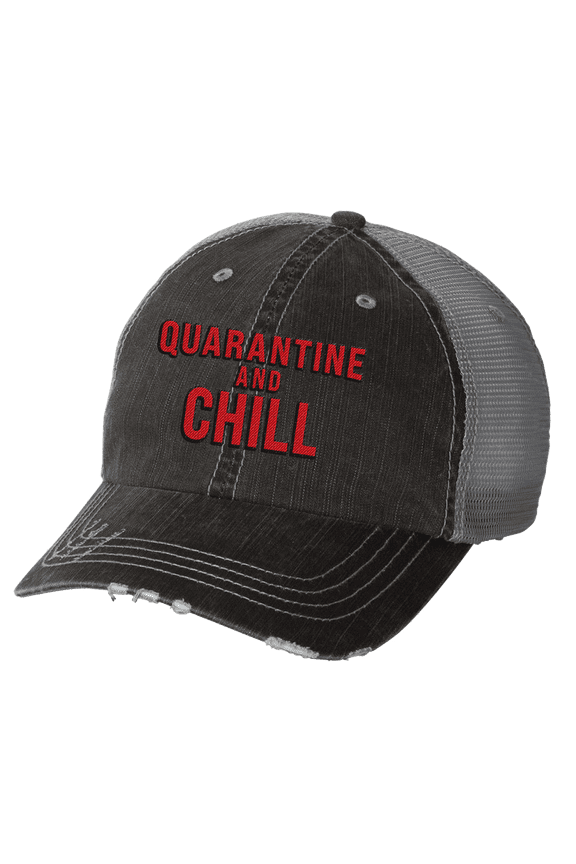 Women's Funny Quarantine and Chill Distressed Baseball Cap, Black