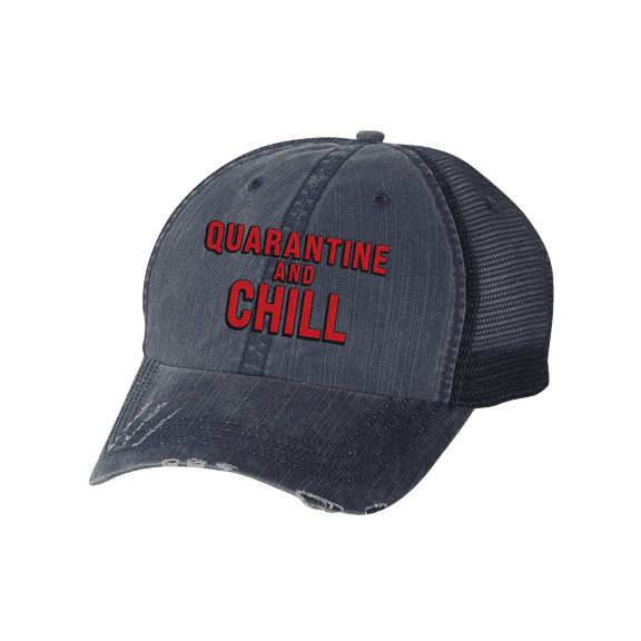 Women's Funny Quarantine and Chill Distressed Baseball Cap, Blue Jean