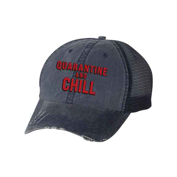 Women's Funny Quarantine and Chill Distressed Baseball Cap, Blue Jean
