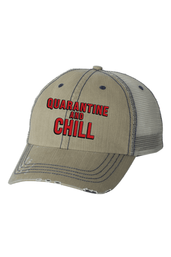 Women's Funny Quarantine and Chill Distressed Baseball Cap, Tan