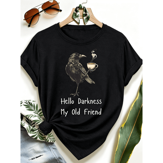 Women's Funny Raven Coffee Lover Graphic T‑Shirt Dark Humor Casual Short Sleeve Tee Top
