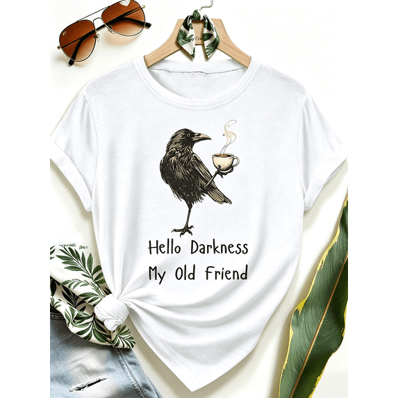 Women's Funny Raven Coffee Lover Graphic T‑Shirt Dark Humor Casual Short Sleeve Tee Top