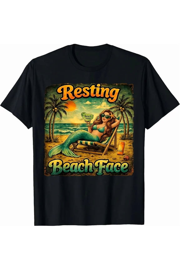 Women's Funny Resting Beach Face Mermaid Graphic T-Shirt
