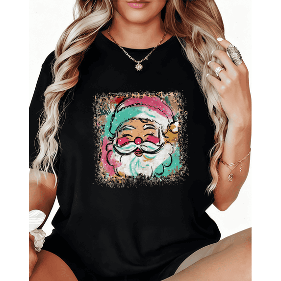 Women's Funny Retro Colorful Santa Graphic Oversized Cotton T-Shirt Black S-5XL