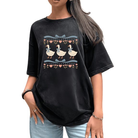 Women's Funny Round Neck Printed Cotton Washed T Shirt Graphic Tees Top Black Blue Pink Duck And Heart Pattern Casual Loose T Shirt Black S-2XL Plus Size