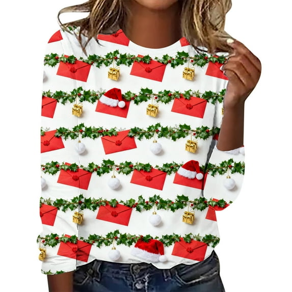 Women’s Funny Santa Claus Print Christmas T Shirt Long Sleeve Crewneck Holiday Pullover Cute Xmas Sweatshirt Festive Casual Tee for Seasonal Parties and Gift Giving