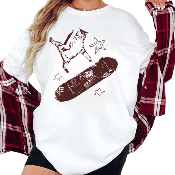 Women's Funny Skateboarding Cat Star Graphic Comfortable Cotton T Shirt Short Sleeve Round Neck Top White S-5XL
