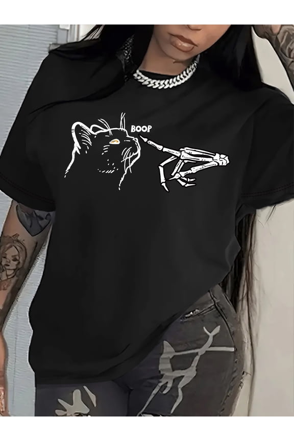 Women's Funny Skeleton Cat Boop Graphic T-Shirt