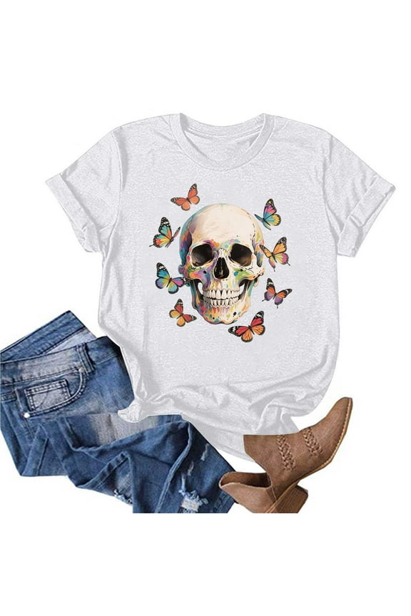 Women's Funny Skull Graphic Tee – Plus Size Colorful Sugar Skull T-Shirt, Gothic Floral Rose Short Sleeve Summer Top (Crew Neck & Short Sleeve)