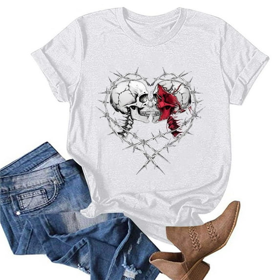 Women's Funny Skull Graphic Tee – Plus Size Colorful Sugar Skull T-Shirt, Gothic Floral Rose Short Sleeve Summer Top (Crew Neck & Short Sleeve)