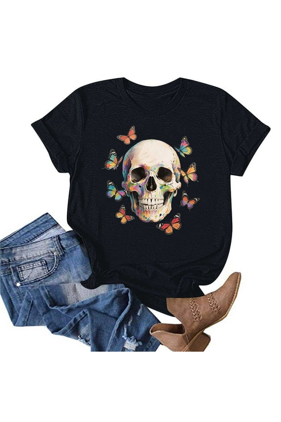 Women's Funny Skull Graphic Tee – Plus Size Colorful Sugar Skull T-Shirt, Gothic Floral Rose Short Sleeve Summer Top (Crew Neck & Short Sleeve)