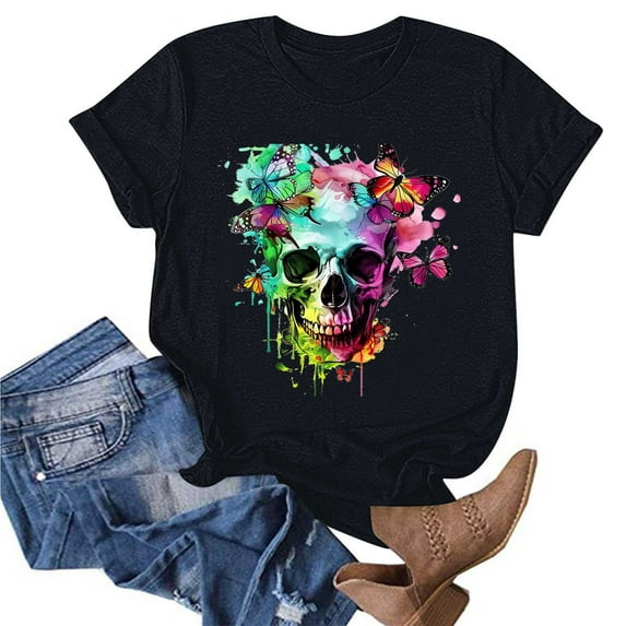 Women's Funny Skull Graphic Tee – Plus Size Colorful Sugar Skull T-Shirt, Gothic Floral Rose Short Sleeve Summer Top (Crew Neck & Short Sleeve)