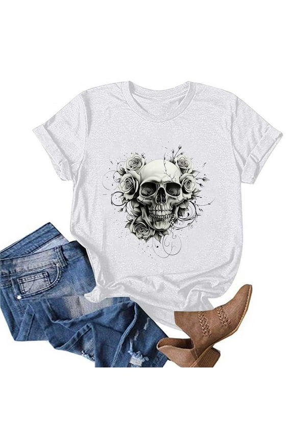 Women's Funny Skull Graphic Tee – Plus Size Colorful Sugar Skull T-Shirt, Gothic Floral Rose Short Sleeve Summer Top (Crew Neck & Short Sleeve)