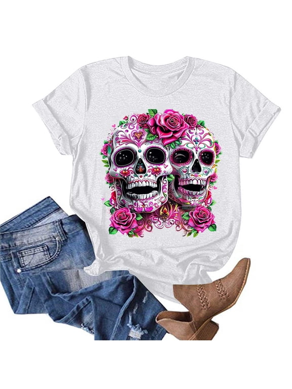 Women's Funny Skull Graphic Tee – Plus Size Colorful Sugar Skull T-Shirt, Gothic Floral Rose Short Sleeve Summer Top (Crew Neck & Short Sleeve)