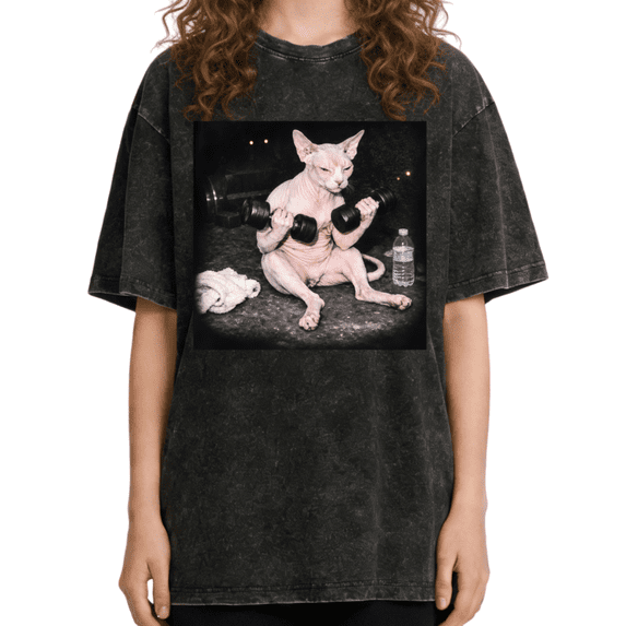 Women's Funny Sphynx Cat Lifting Weights Gym Aesthetic Graphic Casual Washed T Shirt Black S-2XL Plus Size
