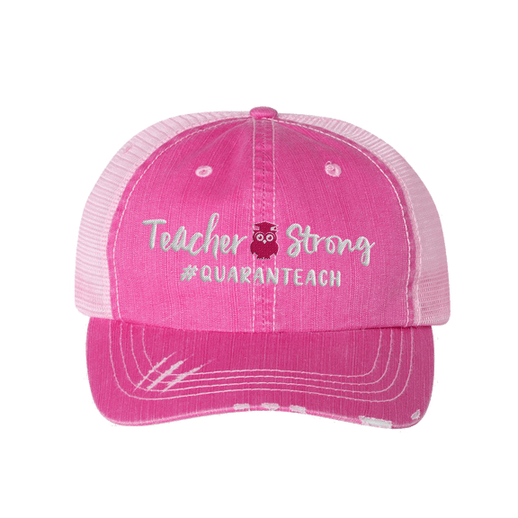 Women's Funny Teacher Strong Quaranteach Distressed Baseball Cap, Pink