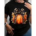 thumbnail image 1 of Women's Funny Thanksgiving Graphic T-Shirt, Pumpkin Autumn Leaves Print Tee, Casual Crew neck Tops for Fall Holidays，Retro，cotton，Black，S-5XL, 1 of 1