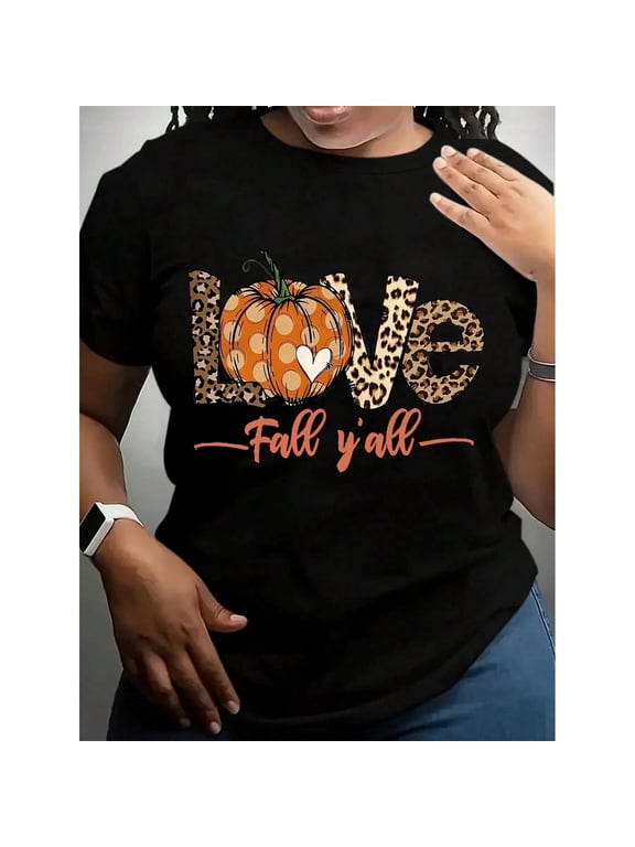 Women's Funny Thanksgiving Graphic T-Shirt - White,Black Crew Neck Tee With Pumpkin & Autumn Leaves Design - Non-Stretch Casual Shirt For Thanksgiving, Halloween, Easter, Mother's Day Gifts