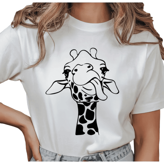 Women's Funny Tongue Out Giraffe Line Art Aesthetic Graphic Cotton T Shirt Short Sleeve Round Neck Top White S-5XL