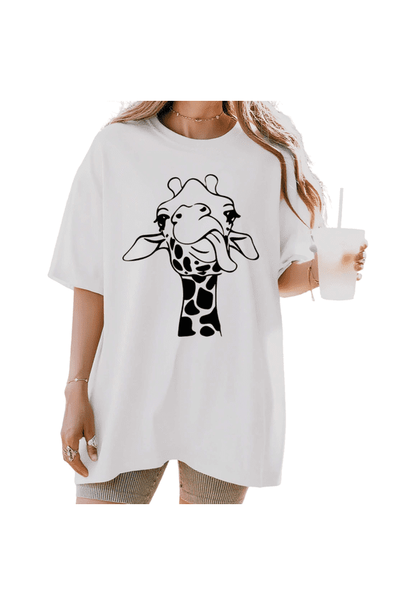 Women's Funny Tongue Out Giraffe Line Art Aesthetic Graphic Cotton T Shirt Short Sleeve Round Neck Top White S-5XL