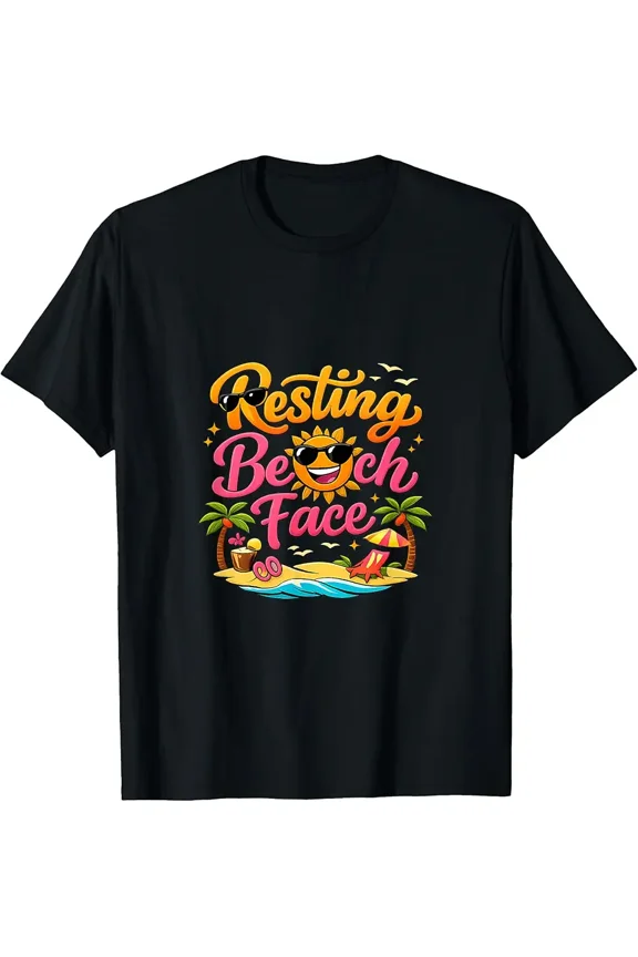 Women's Funny Tropical Resting Beach Face Graphic T-Shirt