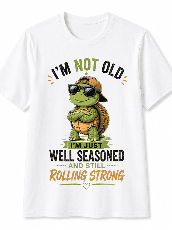 Women's Funny Turtle Graphic T-Shirt, I'm Just Well Seasoned and Still Rolling Strong, Cute Short Sleeve Crew Neck Casual Tee