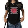 thumbnail image 1 of Women's Funny Valentine's Day Checkerboard Heart LOVE Letter Graphic Crew Neck Printed Cotton T-Shirt Black S-5XL, 1 of 5