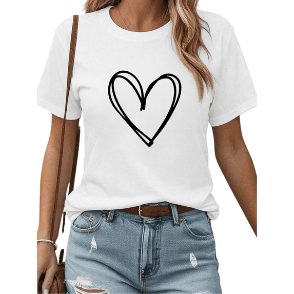 Women's Funny Valentine's Day Minimalist Hand-Drawn Heart Graphic Crew Neck Printed Cotton T-Shirt White S-5XL