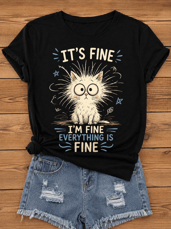 Women's Funny White Cat Graphic T-Shirt, Cute Cat Print Tee, Casual Short Sleeve Crew Neck Summer Top, Soft Everyday Shirt Gift for Cat Lovers