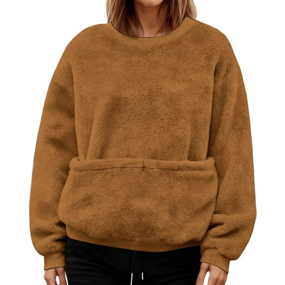 Women's Funny Winter Christmas Jumper with Cat Dog Pocket, Long Sleeve Crew Neck Sweater Jumper with Pet Bag, Loose Super Soft Sweater for Autumn Winter, Brown, L