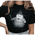 thumbnail image 1 of Women's Funny Wizard Cat Fat Cat Meme Graphic Comfortable T Shirt Casual Short Sleeve Round Neck Top Black S-5XL, 1 of 5