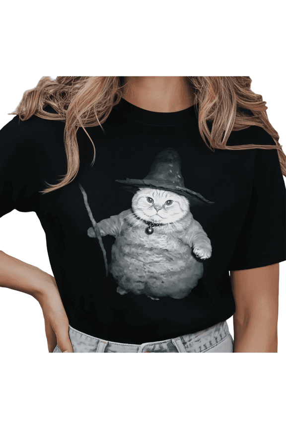 Women's Funny Wizard Cat Fat Cat Meme Graphic Comfortable T Shirt Casual Short Sleeve Round Neck Top Black S-5XL
